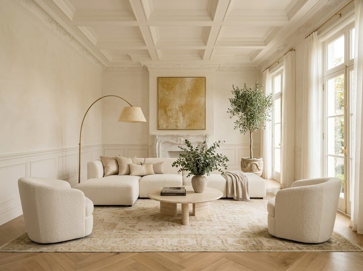 The same reception room staged — a bouclé sectional and armchairs on a patterned rug, an arc lamp, an olive tree and framed art above the fireplace
