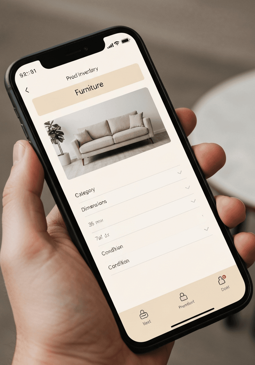 A phone showing a furniture item's detail screen with its photo, category, dimensions, and condition fields