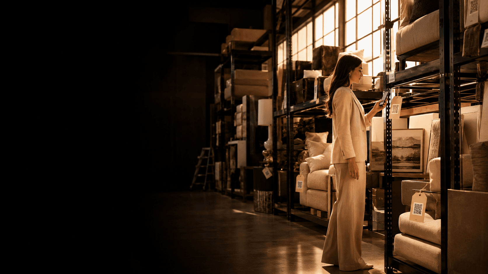 Organized luxury furniture warehouse — pallet racks of sofas, chairs, and decor, each item tagged for tracking