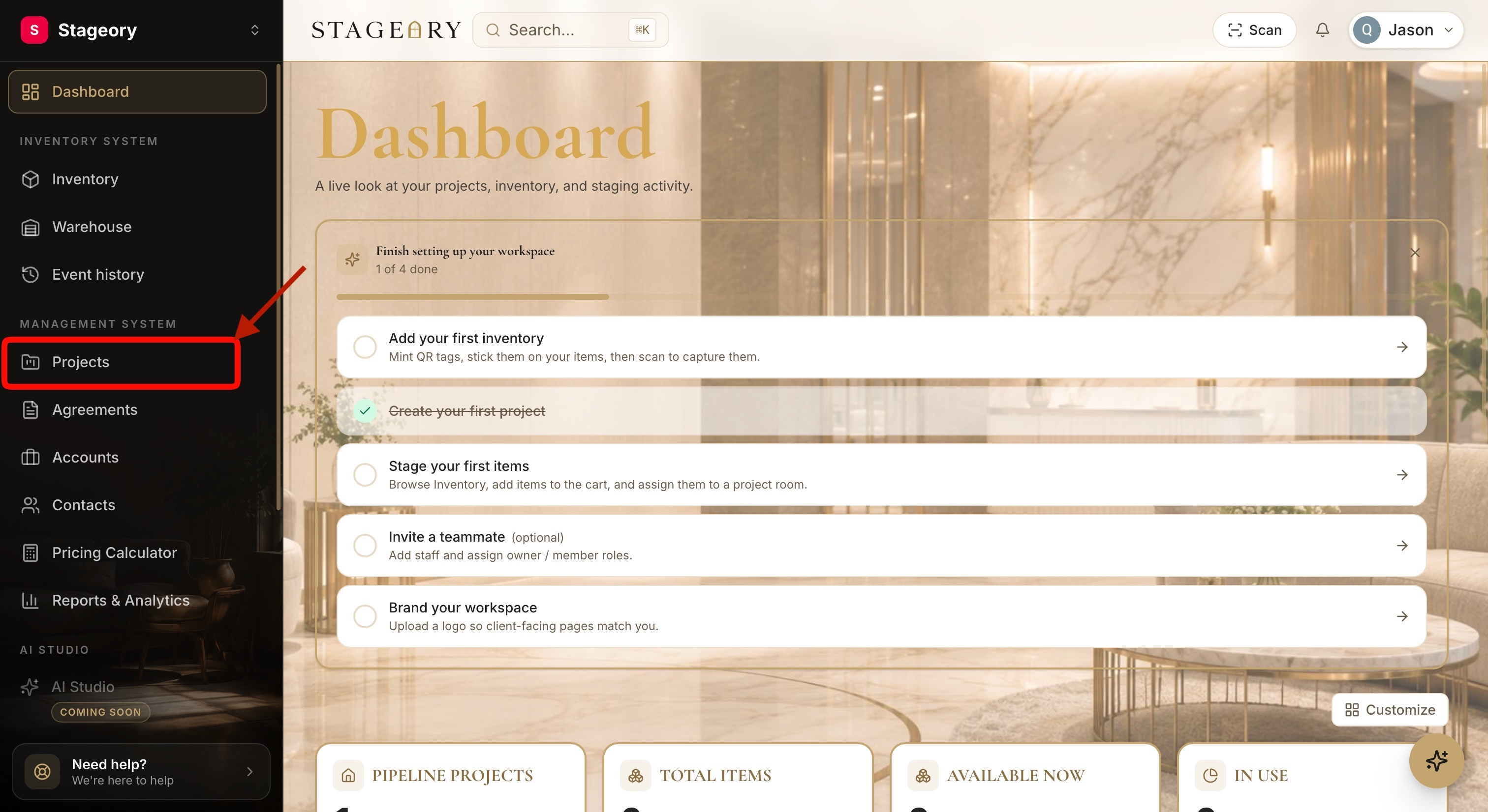 The Projects list with a project row to open